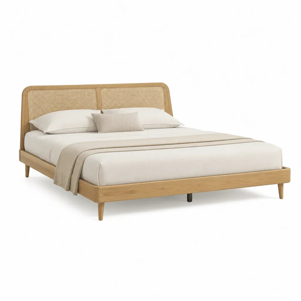 Cadre de lit double 160 x 200 cm en hévéa massif et rotin naturel beige chêne clair