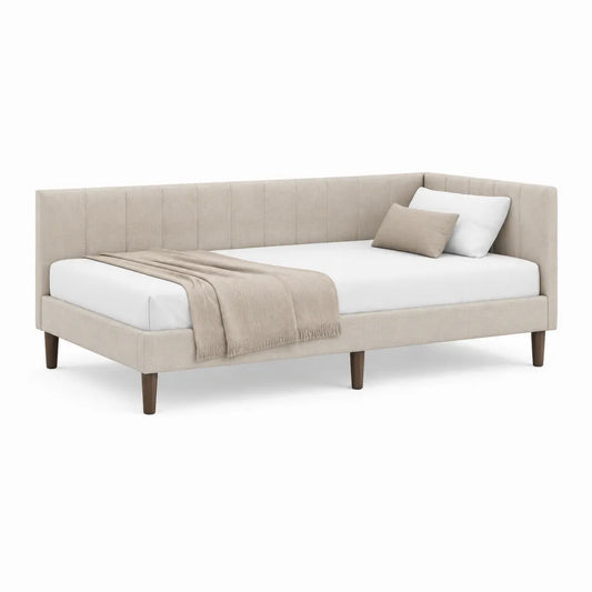 Lit banquette rectangulaire 90 x 200 cm en polyester beige avec sommier à lattes