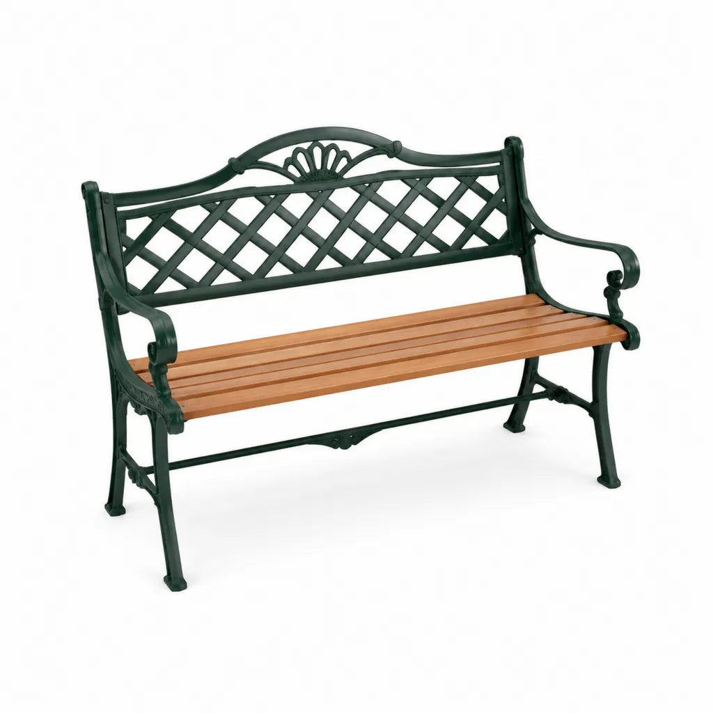 Banc de jardin 2 places rectangulaire 122 x 58 x 87 cm assise en bois massif structure en fonte vert foncé naturel