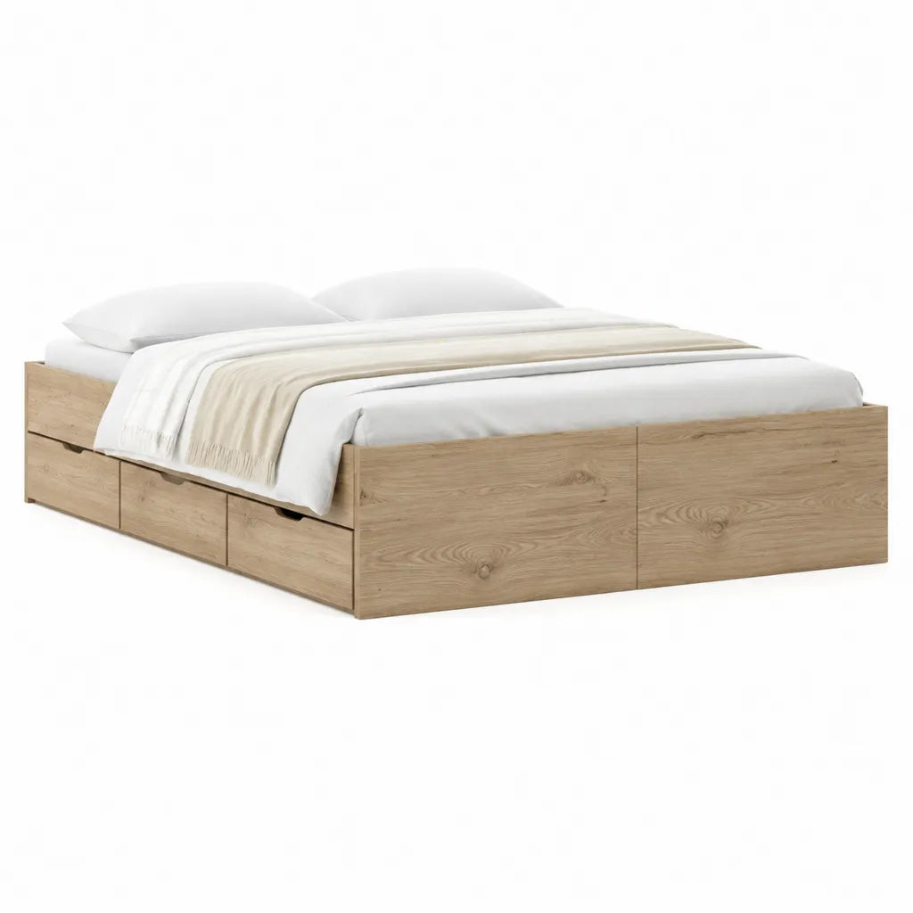 Lit double avec rangement 160 x 200 cm en panneaux de particules décor chêne clair