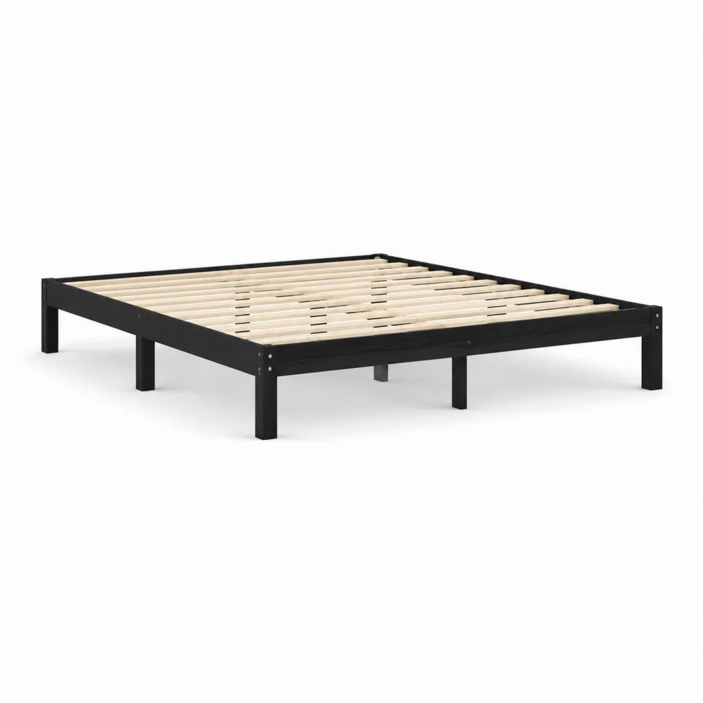 Cadre de lit double 140 x 190 cm en pin massif noir avec sommier à lattes