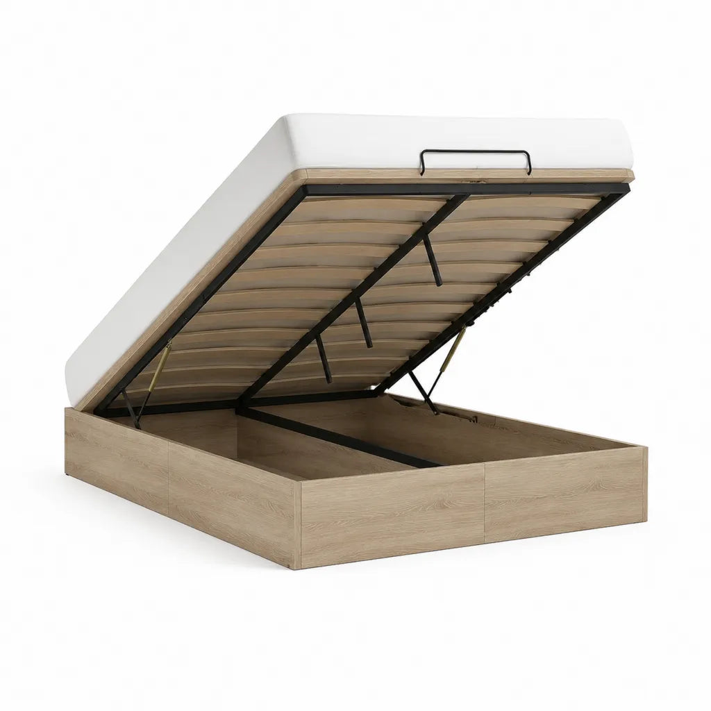 Lit coffre 160 x 200 cm avec sommier relevable à lattes en panneaux de particules décor chêne clair
